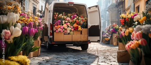 Flower delivery van on a sunny street. photo