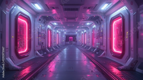 Futuristic Sci-Fi Corridor with Neon Lights and Sleek Design Elements