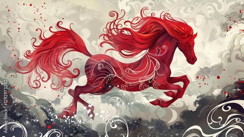Red horse gallops energetically through swirling clouds in a traditional Chinese artistic style. Symbol New Year 2026. For posters calendars stationery cards banners.