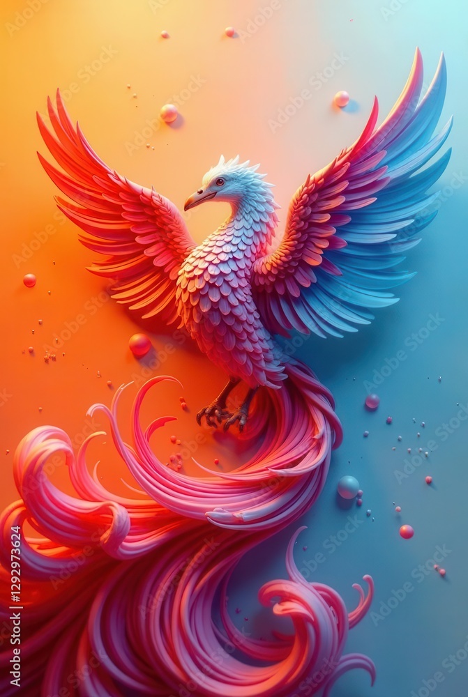 Fototapeta premium A vibrant phoenix with pink and blue plumage, majestic wings outstretched, and a flowing, sculpted tail, set against a warm and cool gradient background.