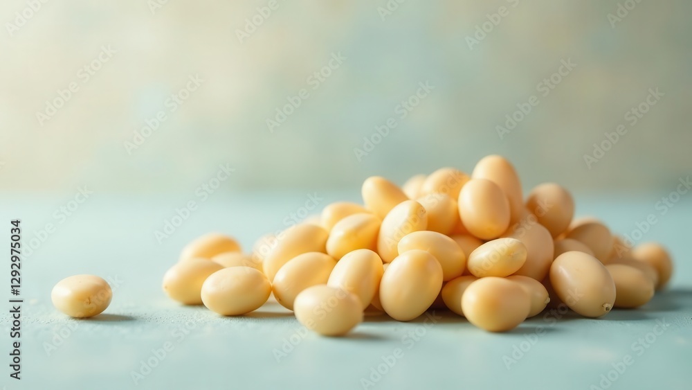 A Close-Up View of a Pile of Pale Yellow, Oval-Shaped Seeds or Beans on a Light Blue Surface A Close-Up View of a Pile of Pale Yellow, Oval-Shaped Seeds or Beans on a Light Blue Surface
