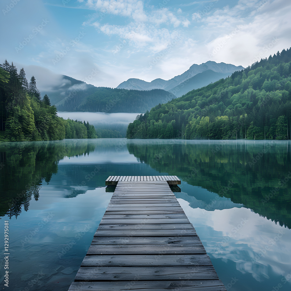 Tranquil Morning: Serene Lake Reflection with Lush Greenery and Distant Mountains Under a Partly Cloudy Sky Tranquil Morning: Serene Lake Reflection with Lush Greenery and Distant Mountains Under a Partly Cloudy Sky