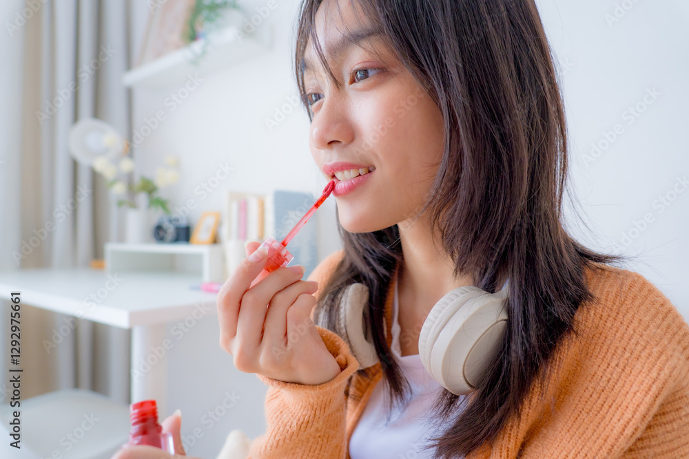 Asian young woman doing makeup on face while looking at the mirror in bedroom. Asian young woman doing makeup on face while looking at the mirror in bedroom.