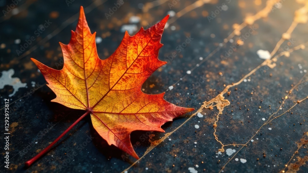 A Single Autumn Leaf Resting on a Dark Textured Surface with Gold Accents A Single Autumn Leaf Resting on a Dark Textured Surface with Gold Accents