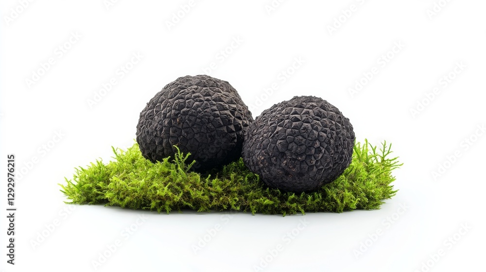 Black truffles isolated on white background, they present an attractive appearance of dark gray to almost jet black tones, the product is placed on green leaves or moss, creating a contrast of light Black truffles isolated on white background, they present an attractive appearance of dark gray to almost jet black tones, the product is placed on green leaves or moss, creating a contrast of light