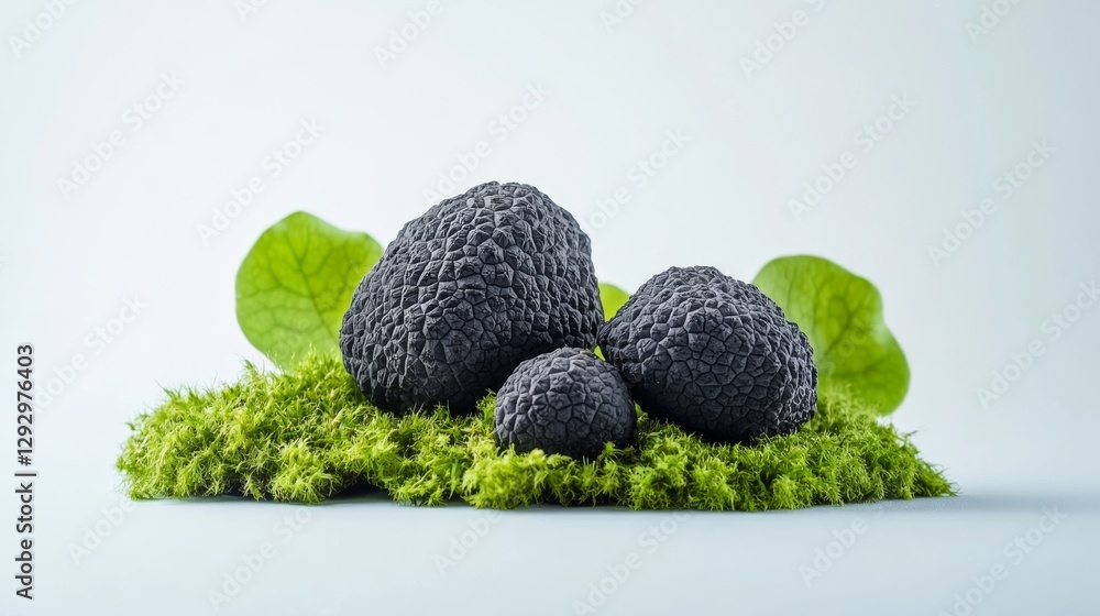 Black truffles isolated on white background, they present an attractive appearance of dark gray to almost jet black tones, the product is placed on green leaves or moss, creating a contrast of light Black truffles isolated on white background, they present an attractive appearance of dark gray to almost jet black tones, the product is placed on green leaves or moss, creating a contrast of light