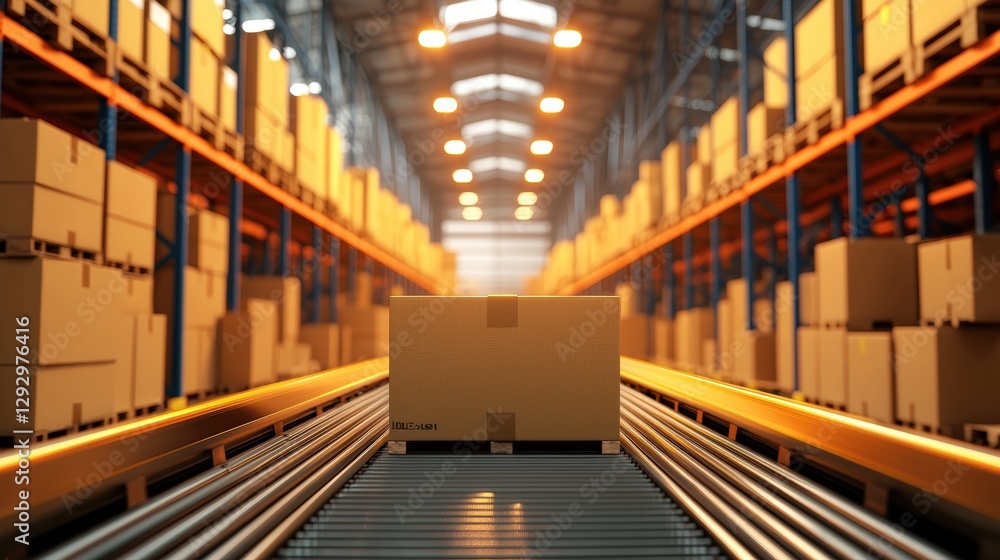 A brightly lit warehouse filled with rows of boxes on shelves and a single box on a conveyor belt, illustrating logistics and storage.cargo management warehouse scheduling A brightly lit warehouse filled with rows of boxes on shelves and a single box on a conveyor belt, illustrating logistics and storage.cargo management warehouse scheduling
