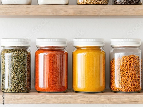 Organizing spices and herbs in glass jars kitchen shelf culinary art modern home overhead view aesthetic appeal photo