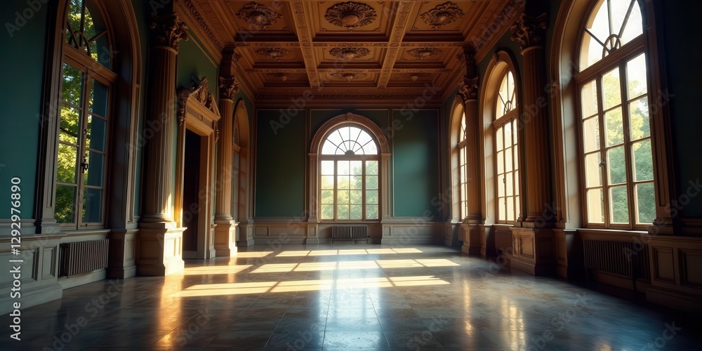 Sunlit Grandeur An Elegant Hallway with Ornate Architectural Details and Expansive Windows Sunlit Grandeur An Elegant Hallway with Ornate Architectural Details and Expansive Windows