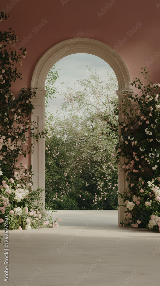 Fototapeta premium Gateway to a Floral Paradise: An elegant archway frames a stunning view of a flourishing garden, adorned with lush roses and other greenery, evoking a sense of serenity and natural beauty.