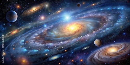 Starry night sky with galaxies and planets, dark blue background