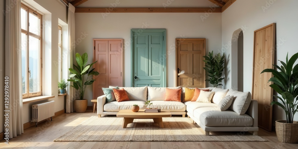 Fototapeta premium Serene Living Room with Pastel Doors and Comfortable Sectional Sofa