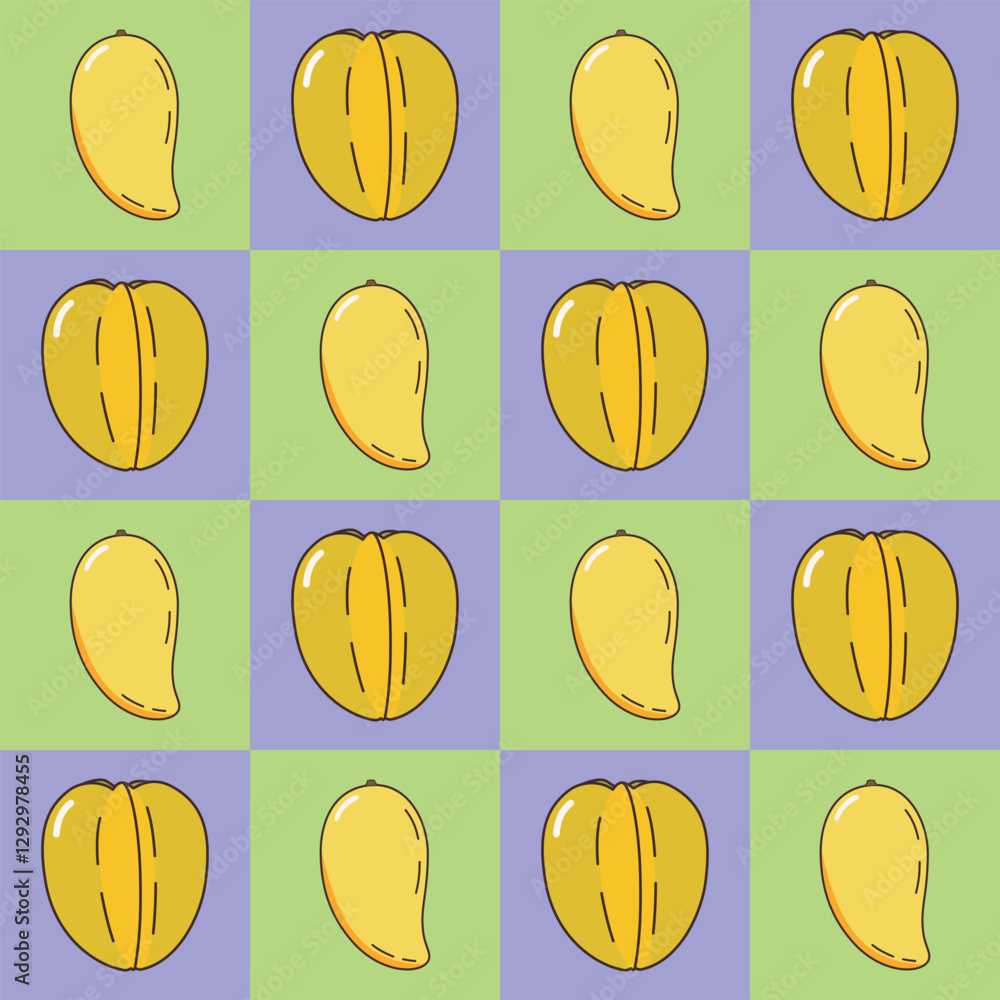Mango and starfruit in a healthy fruit concept pattern on checkered background, hand drawn doodle vector. Mango and starfruit in a healthy fruit concept pattern on checkered background, hand drawn doodle vector.