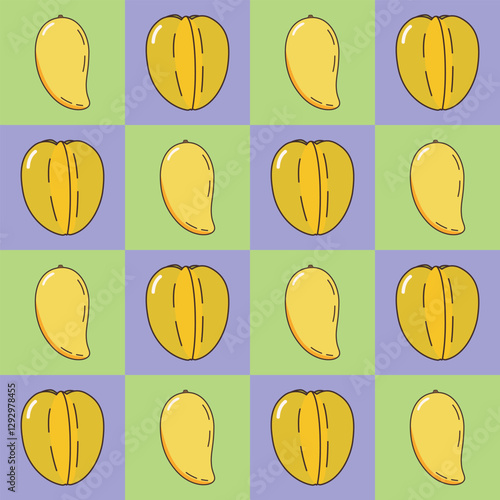 Mango and starfruit in a healthy fruit concept pattern on checkered background, hand drawn doodle vector.