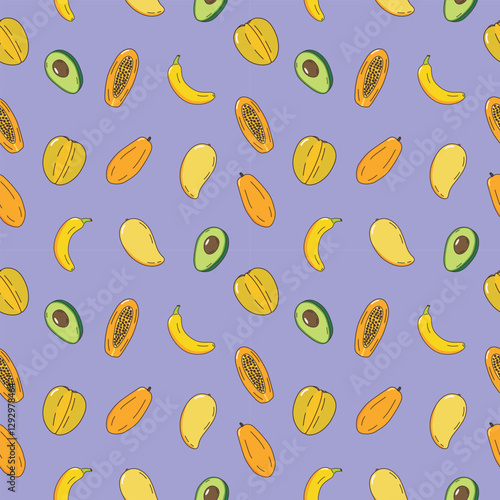 healthy fruit concept seamless pattern on purple background, hand drawn doodle vector.