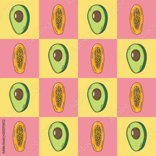 Avocado and papaya in a healthy fruit concept pattern on checkered background, hand drawn doodle vector.