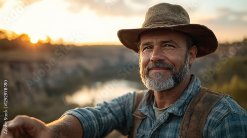A Mature Caucasian Male Farmer Smiling Cheerfully Against a Scenic Sunset Overlooking a River Valley in Nature, Reflecting Years of Experience and Connection to the Land