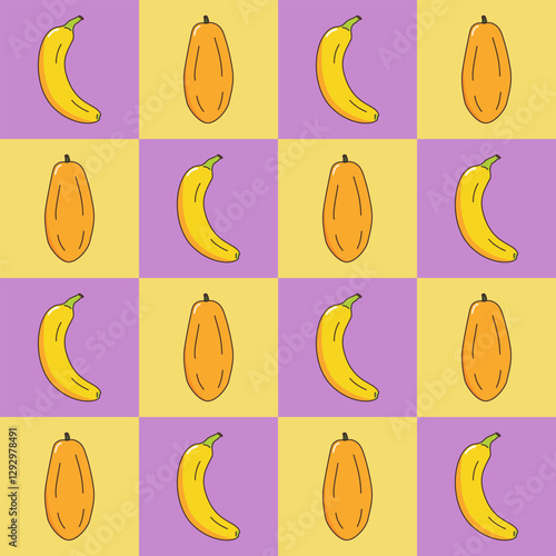 Banana and papaya in a healthy fruit concept pattern on checkered background, hand drawn doodle vector.