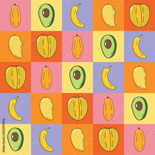 healthy fruit concept pattern on checkered background, hand drawn doodle vector.