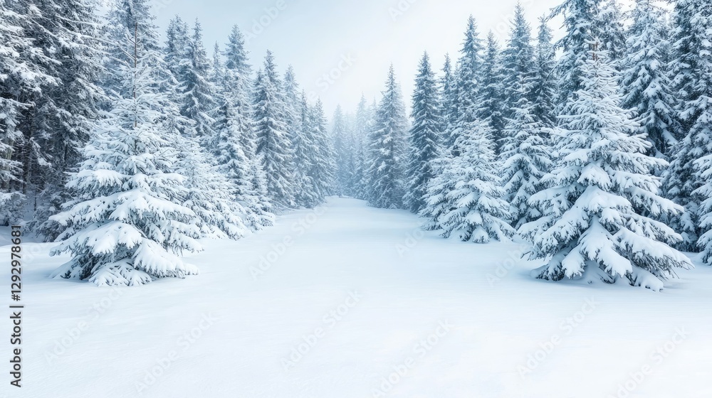 Snowy path through winter forest, serene landscape Snowy path through winter forest, serene landscape