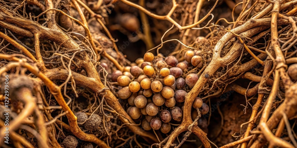 Dense network of brown grapevine tree roots spreading out underground in a tangled web-like structure , plant roots, grapevine underground Dense network of brown grapevine tree roots spreading out underground in a tangled web-like structure , plant roots, grapevine underground