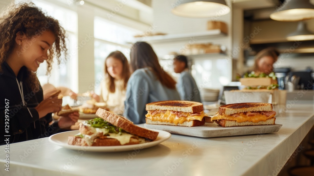 School cafeteria with students enjoying grilled cheese sandwiches. Featuring whole grain bread and cheddar cheese School cafeteria with students enjoying grilled cheese sandwiches. Featuring whole grain bread and cheddar cheese