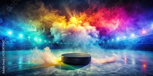 Ice rink scene with hockey puck sitting atop vibrant, wispy smoke swirling around it , colorful, action, colorful, action