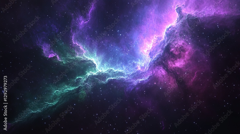 Vivid star cluster embedded in a purple and green nebula, with hints of cosmic dust Vivid star cluster embedded in a purple and green nebula, with hints of cosmic dust