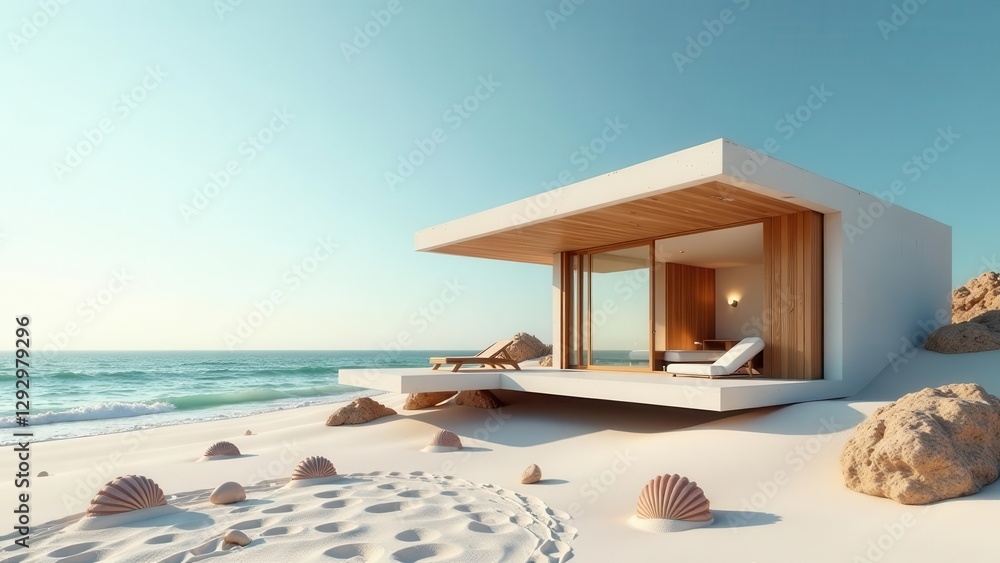 Fototapeta premium Serene Coastal Minimalist Modern Beach House Retreat with Ocean View and Seashells