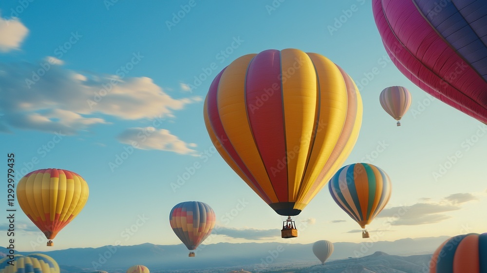Obraz premium A group of hot air balloons float against a backdrop of towering mountains and drifting clouds