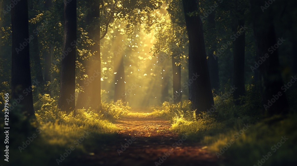 Naklejka premium Sunlit path through a mystical forest.