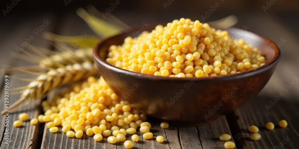A Wooden Bowl Filled with Golden Grains of Couscous, Accompanied by Wheat Stalks on a Rustic Wooden Surface A Wooden Bowl Filled with Golden Grains of Couscous, Accompanied by Wheat Stalks on a Rustic Wooden Surface
