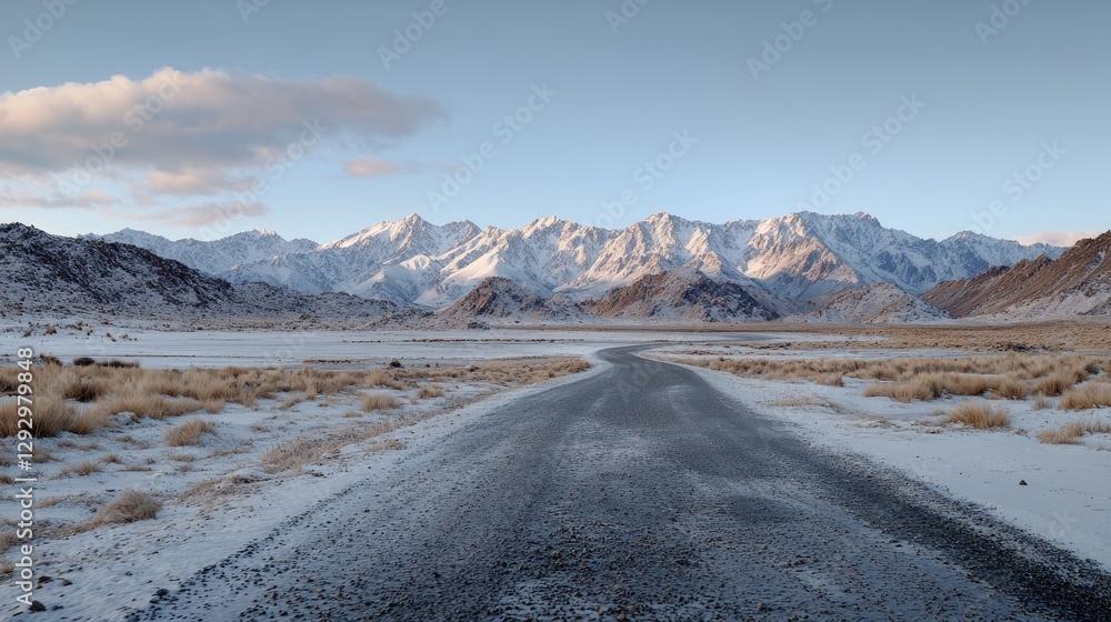 Fototapeta premium Snowy Mountain Road, Winter Landscape, Serenity, Travel Destination