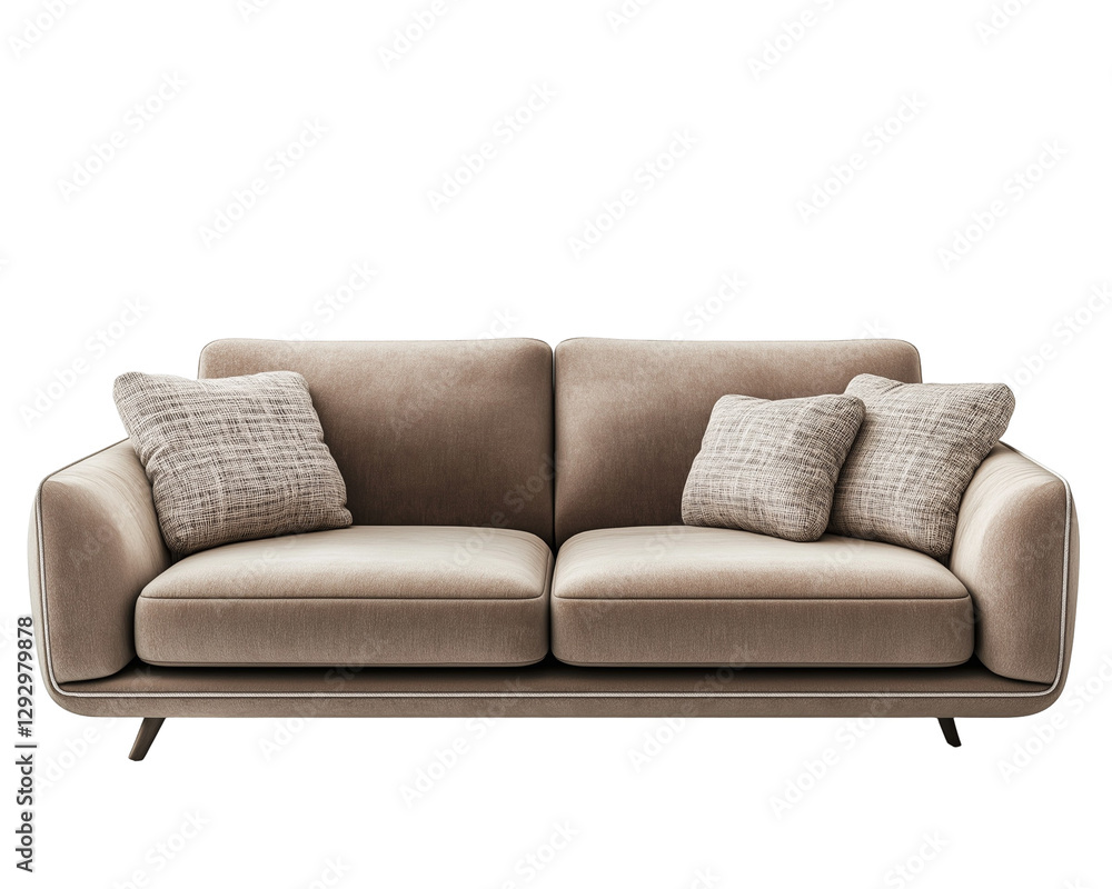 A stylish modern sofa with plush fabric, soft armrests, and two decorative cushions A stylish modern sofa with plush fabric, soft armrests, and two decorative cushions