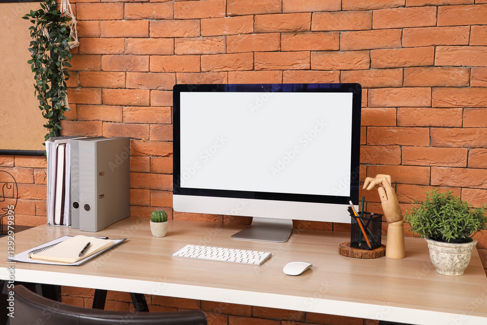 Fototapeta premium Blank computer monitor with folders on table in office
