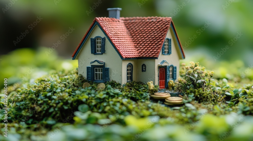 Miniature House Surrounded by Lush Greenery in a Tranquil Natural Setting, Capturing the Essence of Nature and Serenity Miniature House Surrounded by Lush Greenery in a Tranquil Natural Setting, Capturing the Essence of Nature and Serenity