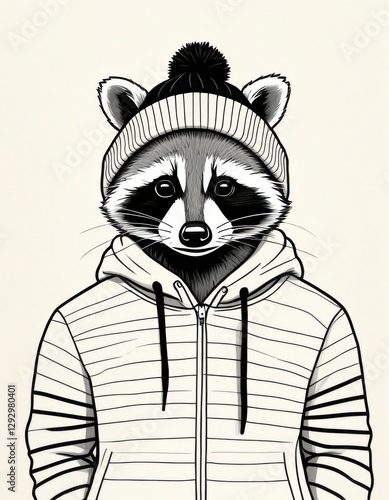 Stylish raccoon character wearing a beanie and hoodie