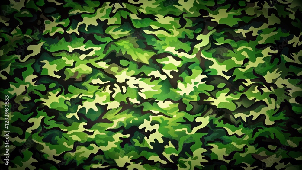 High-definition image of a camouflage pattern on a glossy background with predominantly green and black colors , leafy greens, forest High-definition image of a camouflage pattern on a glossy background with predominantly green and black colors , leafy greens, forest