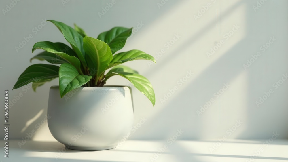 Serene Green Plant in a Light Grey Pot Basking in Soft Sunlight on a White Surface Serene Green Plant in a Light Grey Pot Basking in Soft Sunlight on a White Surface