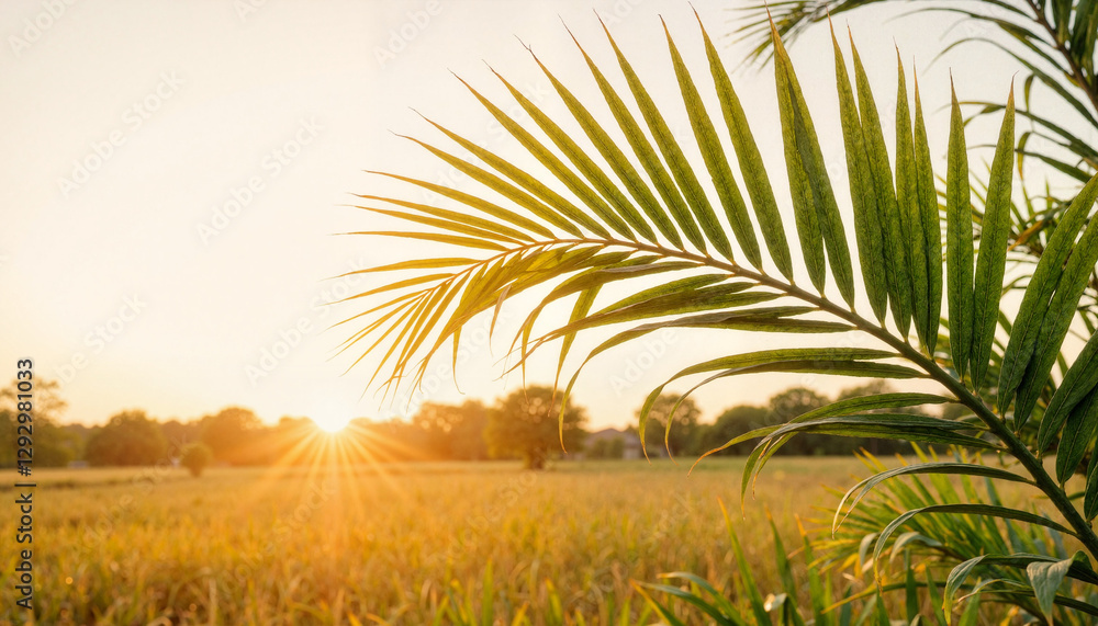 Sunset over field with palm leaves in foreground Sunset over field with palm leaves in foreground