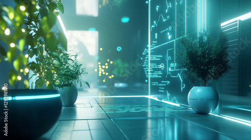futuristic office space featuring glowing plants and digital displays, creating vibrant atmosphere