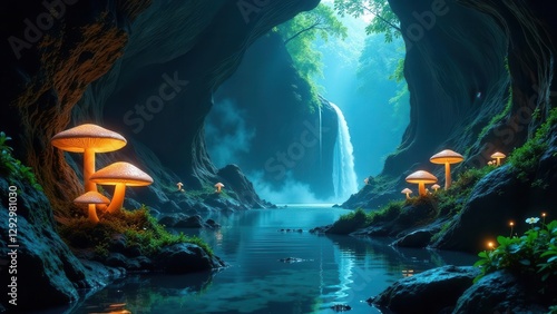 Enchanted Grotto with Glowing Fungi Near a Cascading Waterfall and Serene Pool