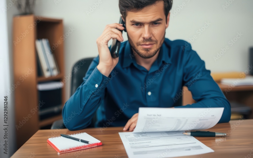 Focused businessman reviews documents while on a phone call, a serious expression on his face, demonstrating diligence in his work. Focused businessman reviews documents while on a phone call, a serious expression on his face, demonstrating diligence in his work.