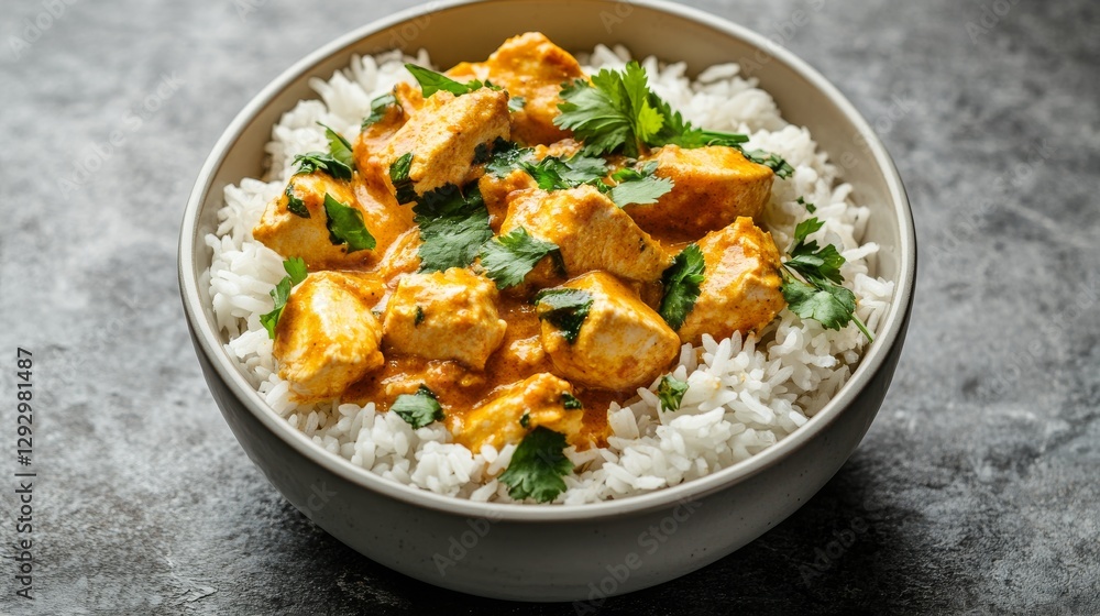 Bowl of creamy chicken curry with basmati rice and cilantro garnish, close-up view. Gourmet Indian cuisine presentation concept Bowl of creamy chicken curry with basmati rice and cilantro garnish, close-up view. Gourmet Indian cuisine presentation concept