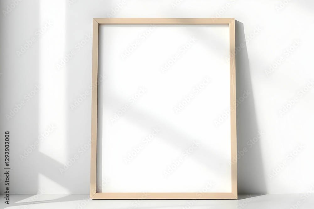 Minimalist Empty Wooden Frame with Blank Canvas Against a Bright Wall Highlighted by Natural Light and Shadows in a Contemporary Interior Minimalist Empty Wooden Frame with Blank Canvas Against a Bright Wall Highlighted by Natural Light and Shadows in a Contemporary Interior