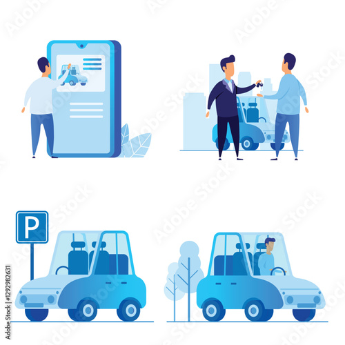 Minimalist flat design illustrations for carsharing service set