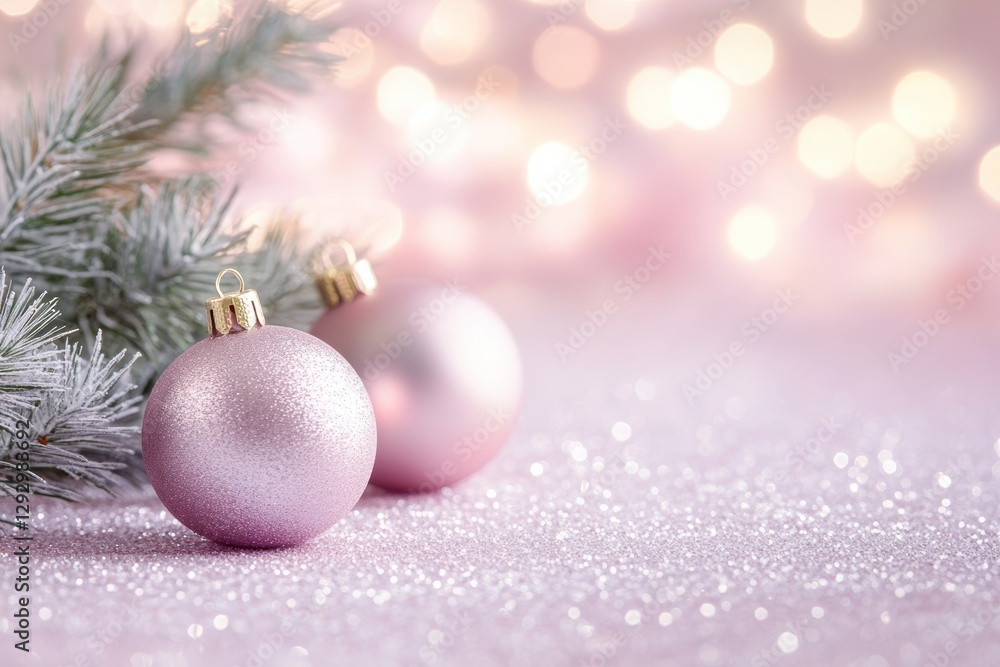 Obraz premium Serene Holiday Ornaments: A pair of soft pink ornaments, delicately placed near a frosted evergreen branch, sparkle under a warm, dreamy light. A scene of holiday magic and elegance.