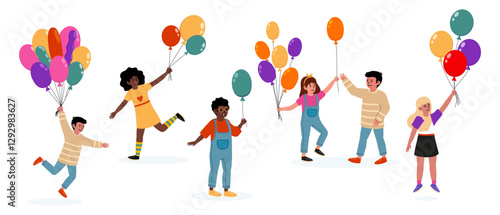 Kids celebrating with colorful balloons in a cheerful outdoor gathering