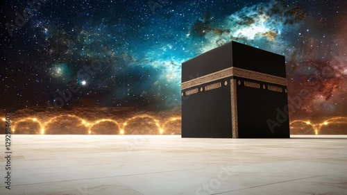 Kaaba Suspended in Endless Sky with Glowing Clouds