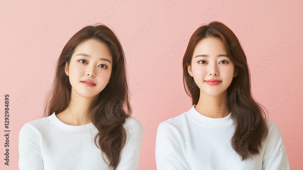 Two women with long hair posing confidently in front of a pastel pink background wearing white sweaters. Two women with long hair posing confidently in front of a pastel pink background wearing white sweaters.
